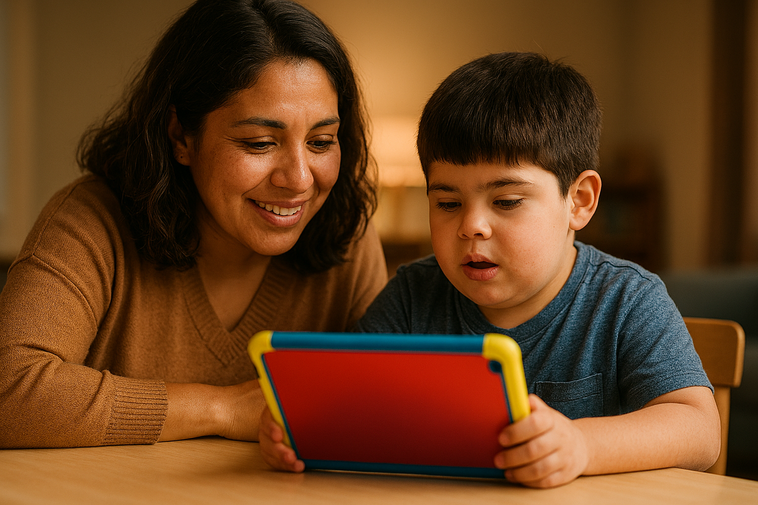 Madre con niño TEA viendo una tablet